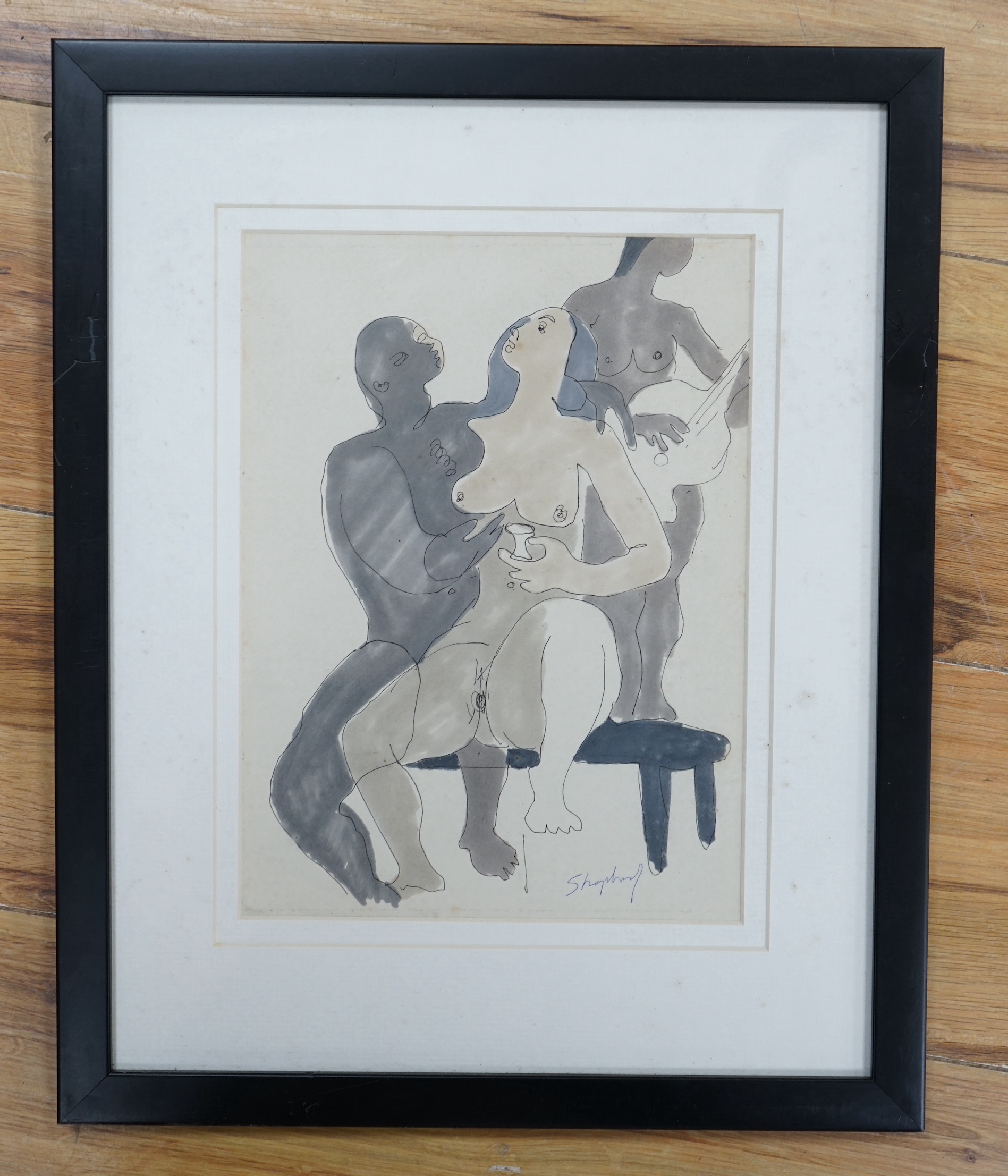 Sydney Horne Shepherd (1909–1993), ink and watercolour, Embracing nudes, signed, 27 x 20cm